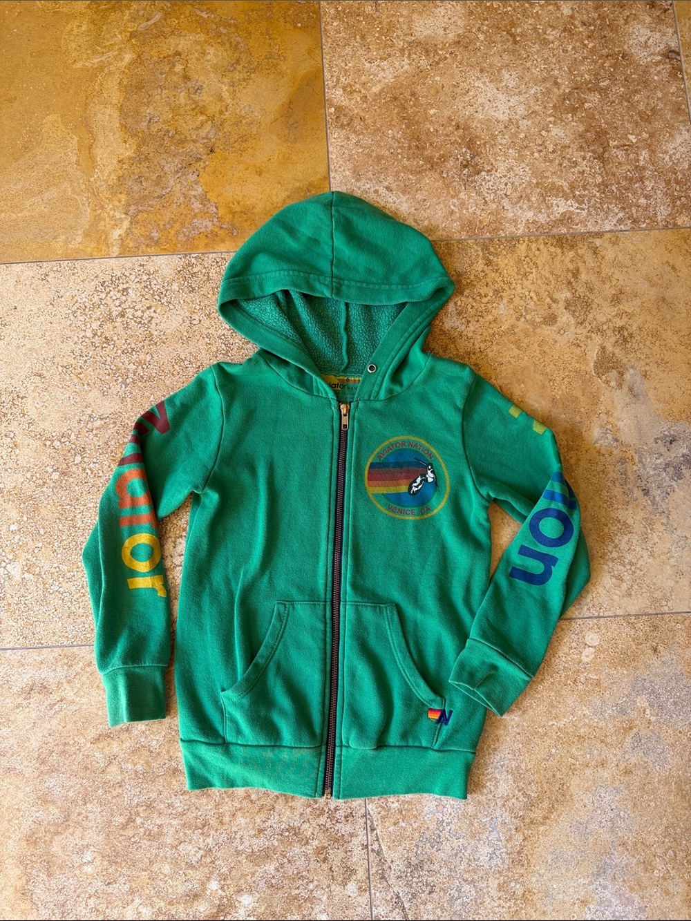 Kids' Aviator Nation Green Zip Hoodie with Colorful Sleeve Graphics